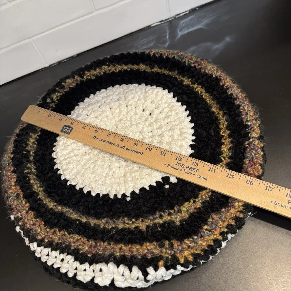 Handmade Crochet Round Pillow Cover Home Decor 16in Black White Earth Tones Boho